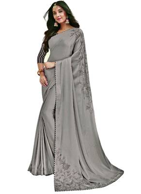 Grey printed satin saree with blouse 1