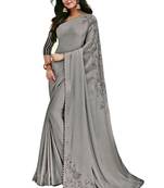 Grey printed satin saree with blouse