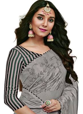 Grey printed satin saree with blouse 2