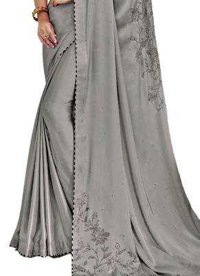 Grey printed satin saree with blouse 3