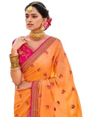 Yellow printed georgette saree with blouse 2