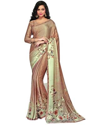 Peach printed crepe saree with blouse 1