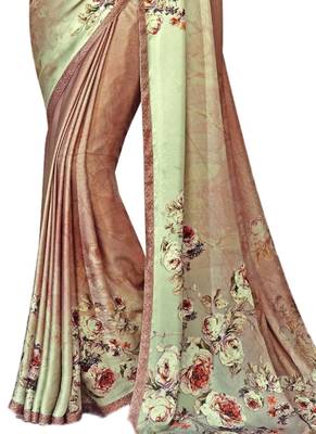 Peach printed crepe saree with blouse 3