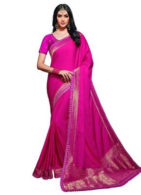 Magenta printed art silk saree with blouse 1