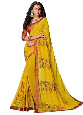 Mustard printed georgette saree with blouse 1