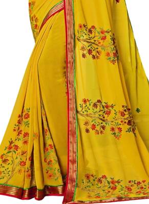 Mustard printed georgette saree with blouse 3