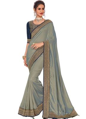Grey embroidered dupion silk saree with blouse 1