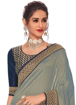 Grey embroidered dupion silk saree with blouse 2