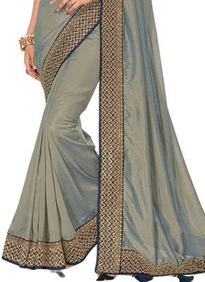 Grey embroidered dupion silk saree with blouse 3