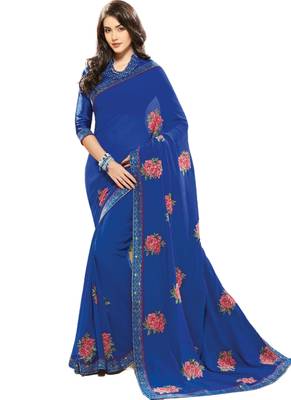 Blue embroidered georgette saree with blouse 1