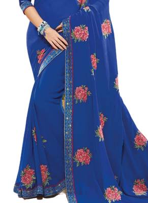 Blue embroidered georgette saree with blouse 3