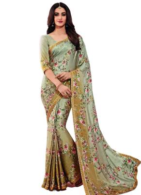 Green printed art silk saree with blouse 1