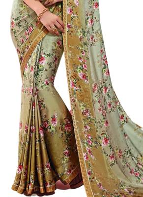 Green printed art silk saree with blouse 3