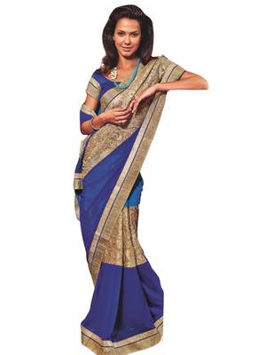 Blue printed georgette saree with blouse 1