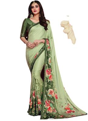 Green printed art silk saree with blouse 1