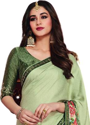 Green printed art silk saree with blouse 2