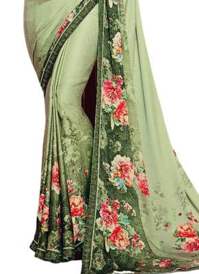 Green printed art silk saree with blouse 3