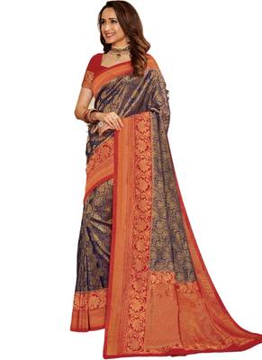 Blue printed art silk saree with blouse 1