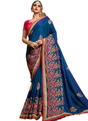 Blue embroidered crepe saree with blouse 1