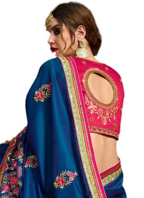 Blue embroidered crepe saree with blouse 2