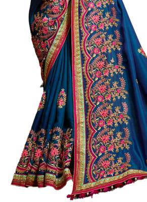 Blue embroidered crepe saree with blouse 3