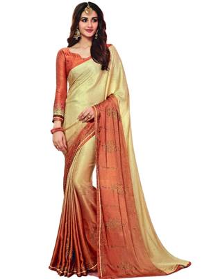 Cream plain art silk saree with blouse 1