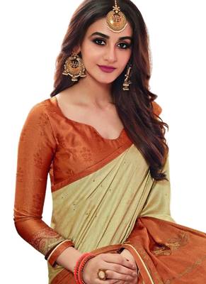 Cream plain art silk saree with blouse 2