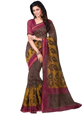 Brown printed cotton poly saree with blouse 1