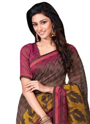 Brown printed cotton poly saree with blouse 2