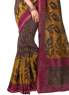 Brown printed cotton poly saree with blouse 3