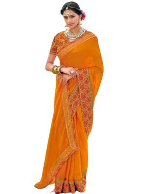 Yellow printed georgette saree with blouse 1