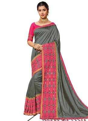 Grey embroidered dupion silk saree with blouse 1
