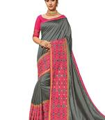 Grey embroidered dupion silk saree with blouse