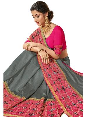 Grey embroidered dupion silk saree with blouse 2
