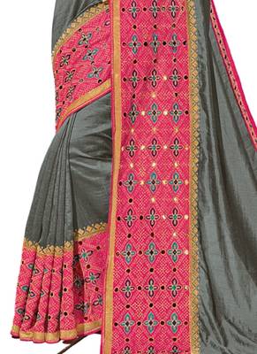 Grey embroidered dupion silk saree with blouse 3