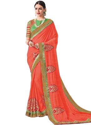 Peach embroidered raw silk saree with blouse 1