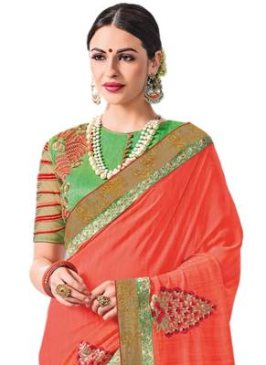 Peach embroidered raw silk saree with blouse 2
