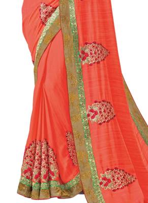 Peach embroidered raw silk saree with blouse 3