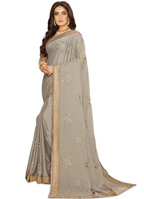 Grey printed crepe saree with blouse 1