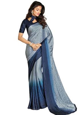 Blue printed satin saree with blouse 1