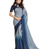Blue printed satin saree with blouse