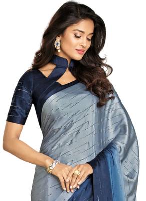 Blue printed satin saree with blouse 2