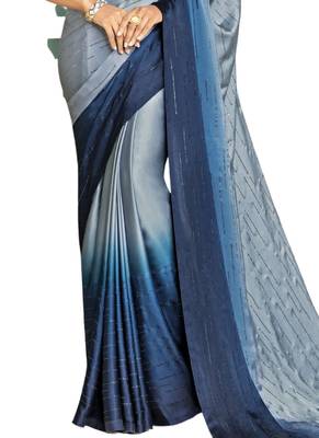 Blue printed satin saree with blouse 3