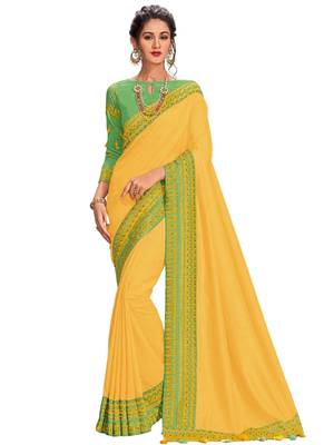 Yellow embroidered dupion silk saree with blouse 1
