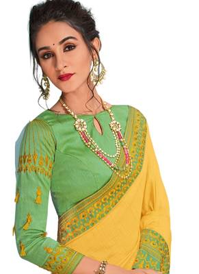 Yellow embroidered dupion silk saree with blouse 2