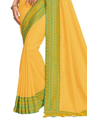 Yellow embroidered dupion silk saree with blouse 3