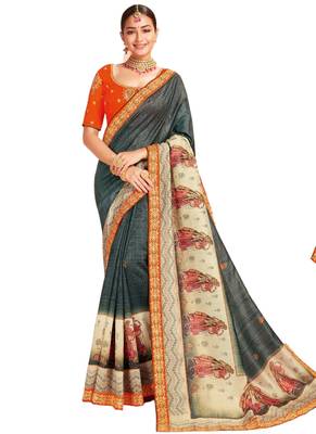 Grey printed art silk saree with blouse 1