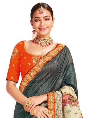 Grey printed art silk saree with blouse 2