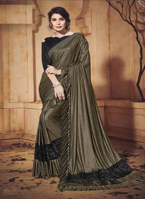 Mehendi plain lycra saree with blouse 1