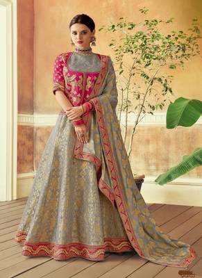 Grey embroidered brocade semi stitched lehenga 1